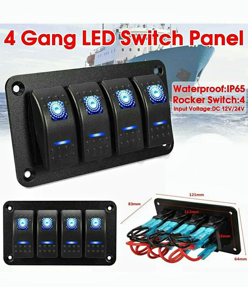 4 Gang Rock Switch Panel Toggle Circuit Breaker LED Waterproof Boat Caravan RV