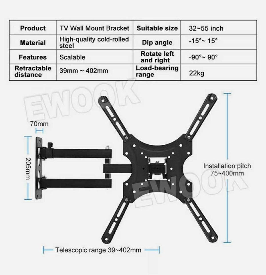 TV Wall Mount Bracket Full Motion Swivel Tilt LCD LED 17 32 40 43 47 50 55 Inch