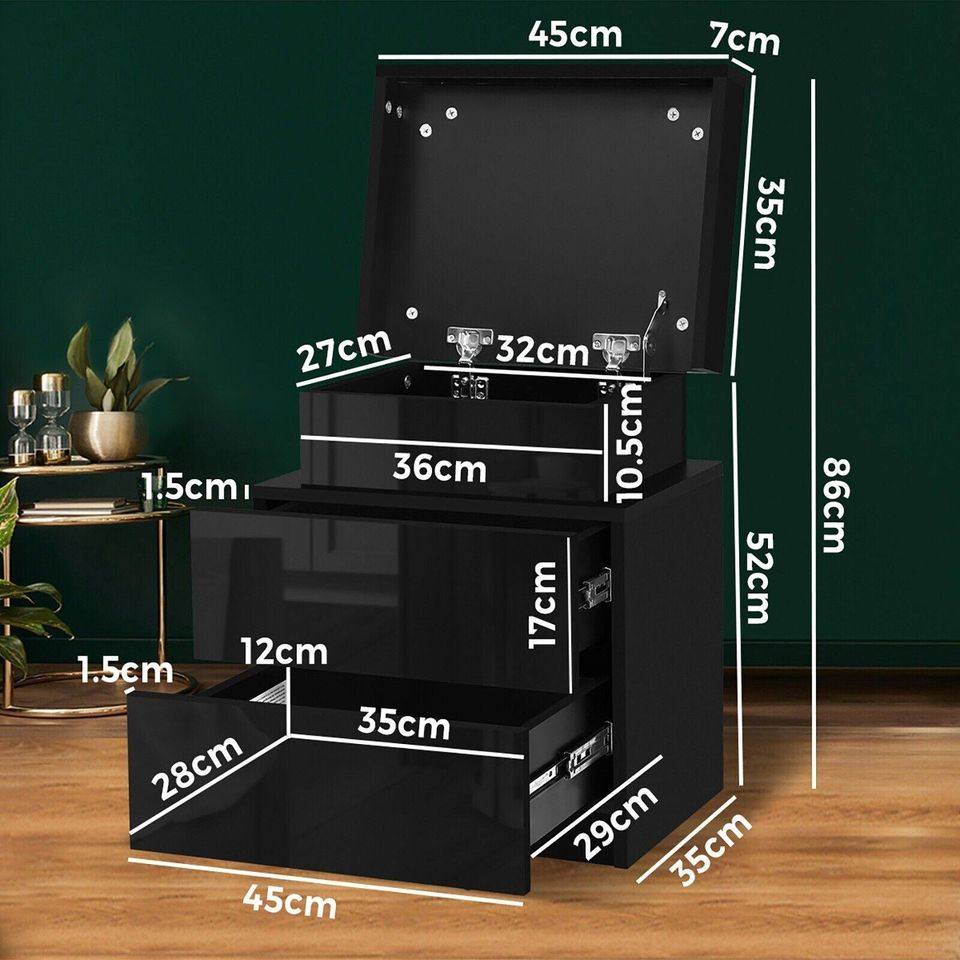 Bedside Tables 2 Drawers Side Table RGB LED High Gloss Nightstand