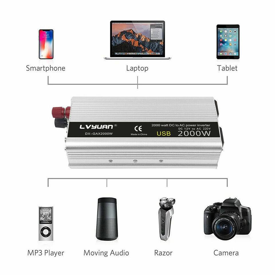 Power Inverter 800W / 2000W – 12V DC to 240V AC Caravan Converter with USB