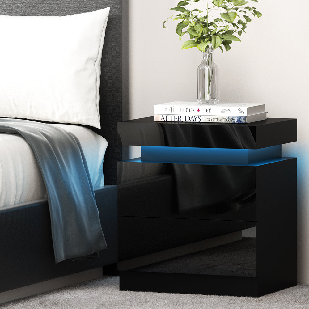 LED Bedside Table with 2 Lift-Up Drawers (Black)