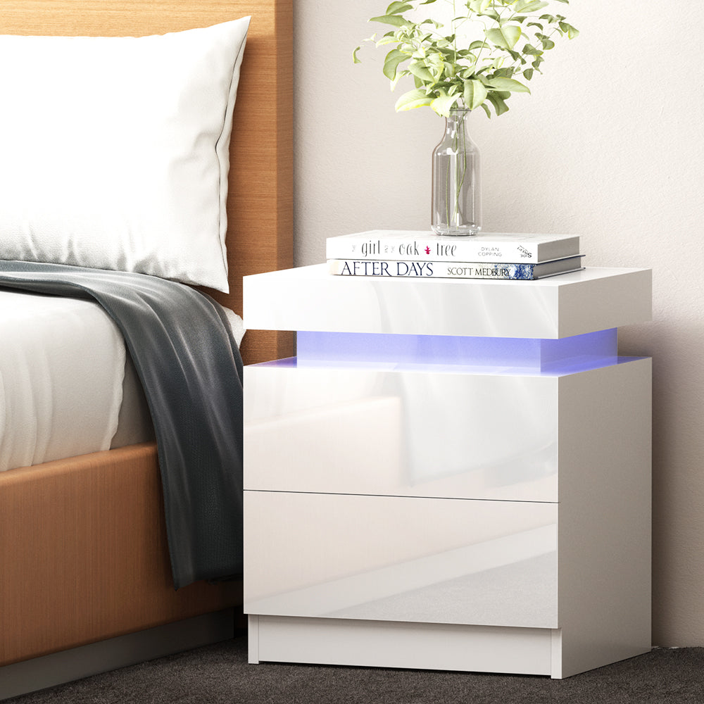 LED Bedside Table with 2 Lift-Up Drawers (White)