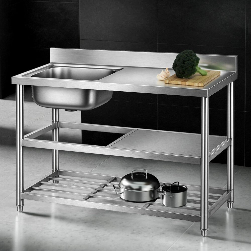 Stainless Steel Kitchen Bench Work Table with Sink Splashback 120cm - Brand New