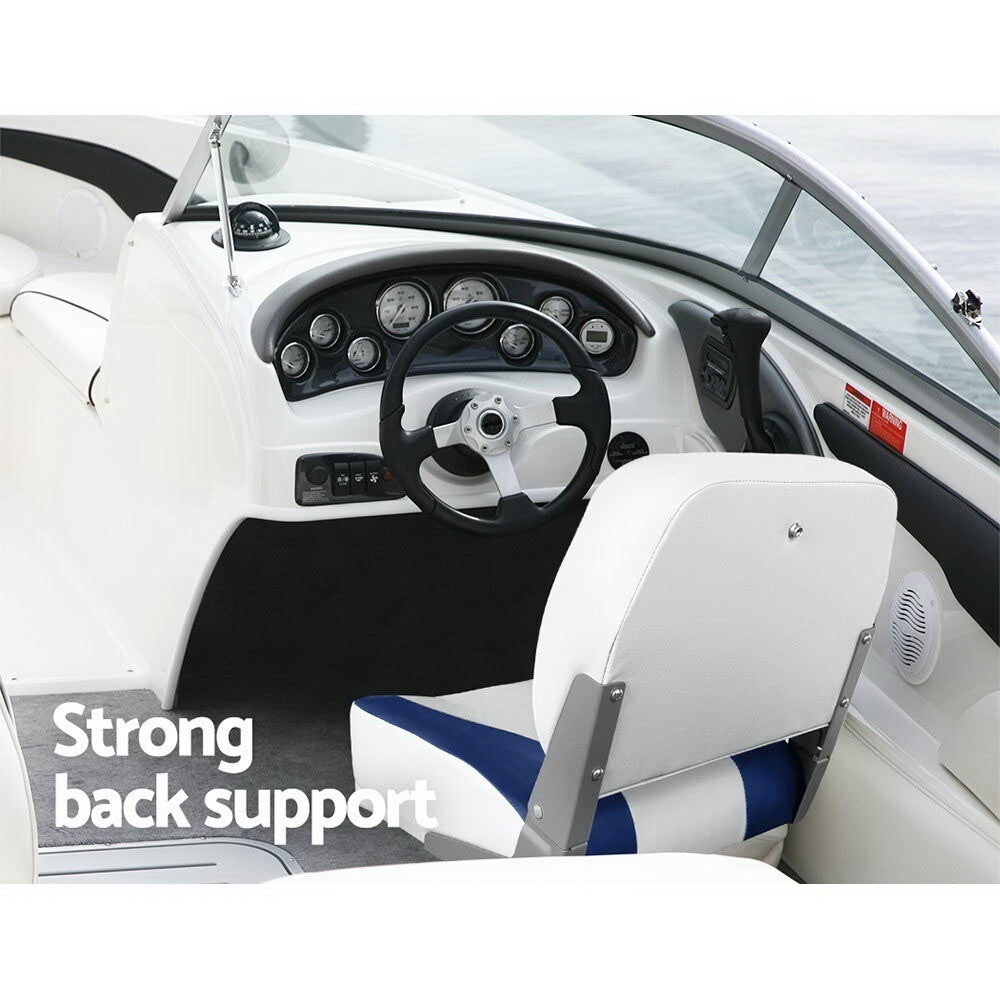 Pair of Folding Boat Seats Marine Swivel Low Back Padded White Blue - Brand New
