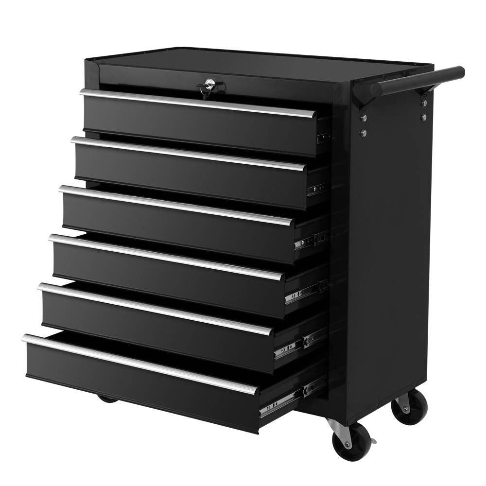 6 Drawer Tool Box Cabinet Trolley on Wheels Lockable Black - Brand New