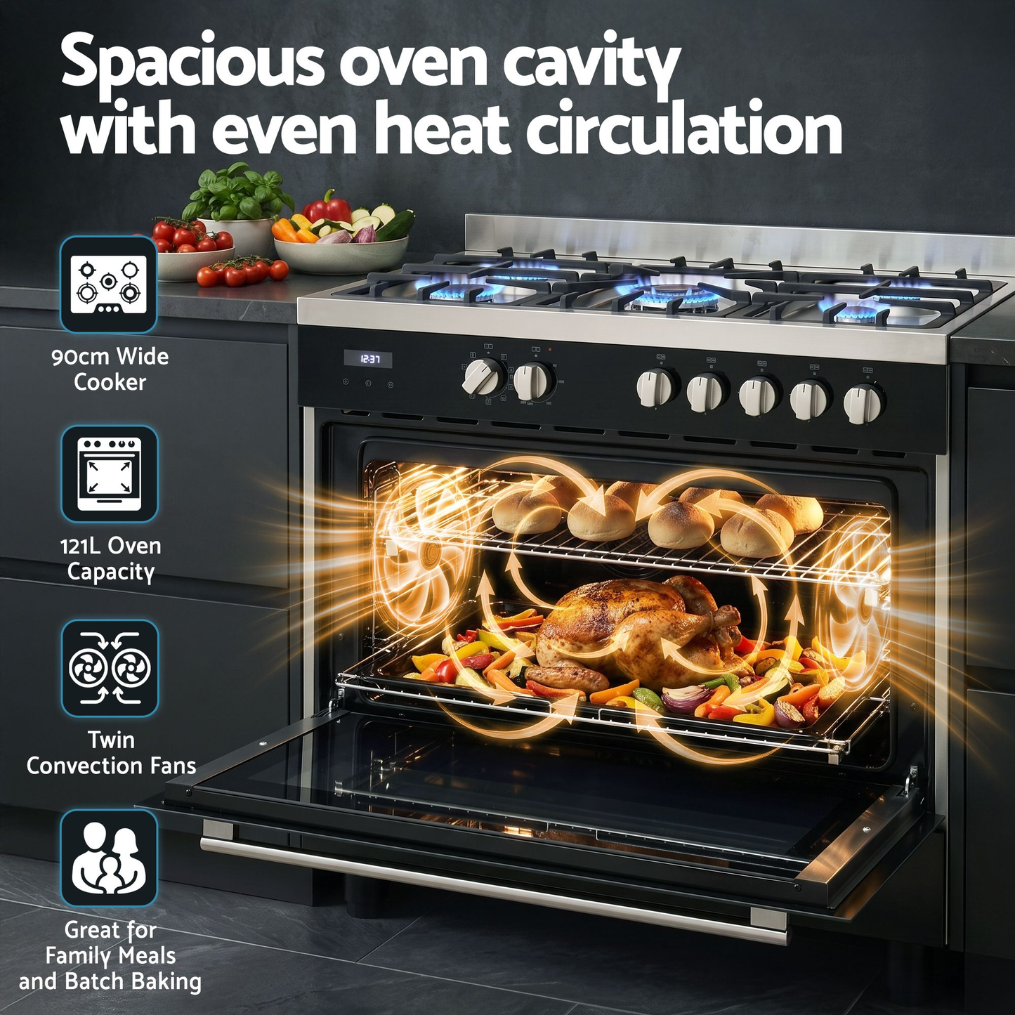 90cm Dual Fuel Cooker Gas Cooktop Electric Oven 5 Burner ( pre order )
