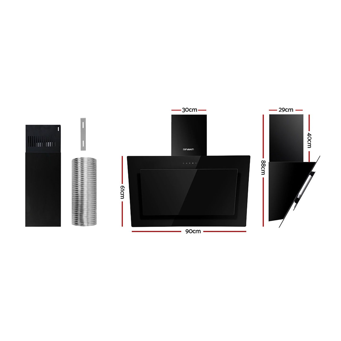 900mm Range Hood 90cm Rangehood Glass Black ( pre order )