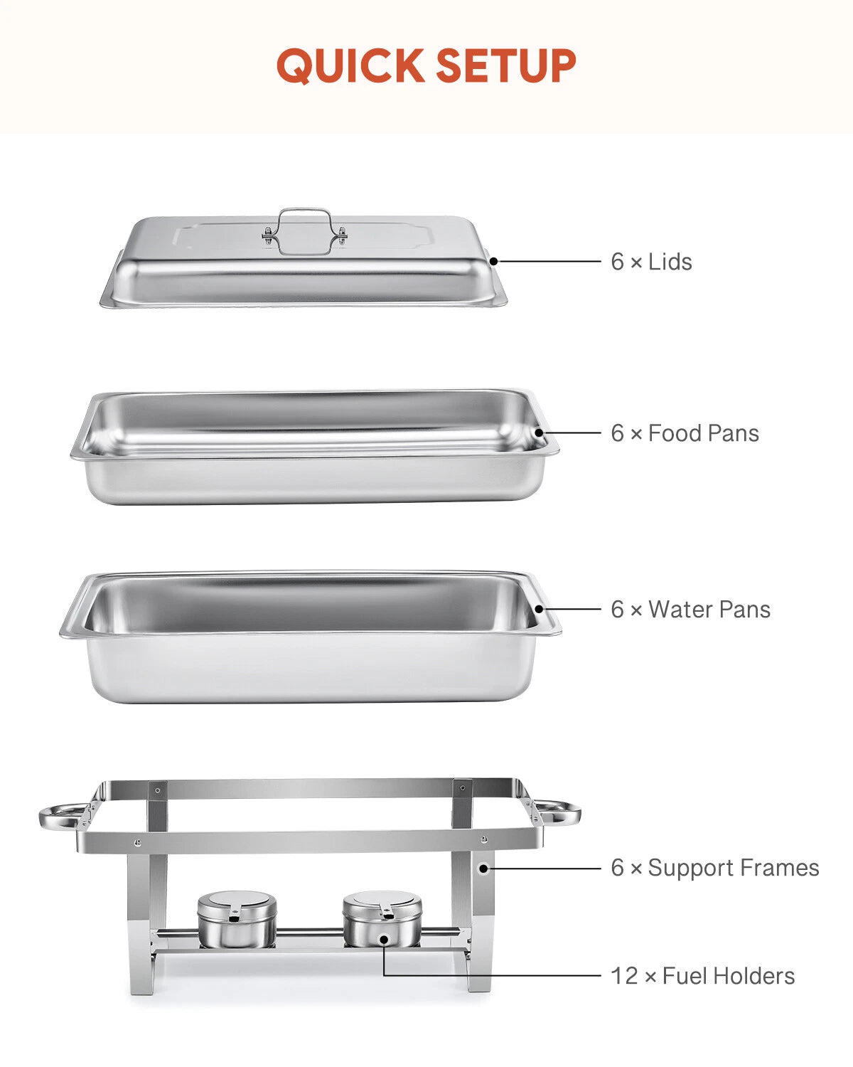 6-Pack Chafer Chafing Dish 9L Stainless Bain Marie Buffet Food Warmer