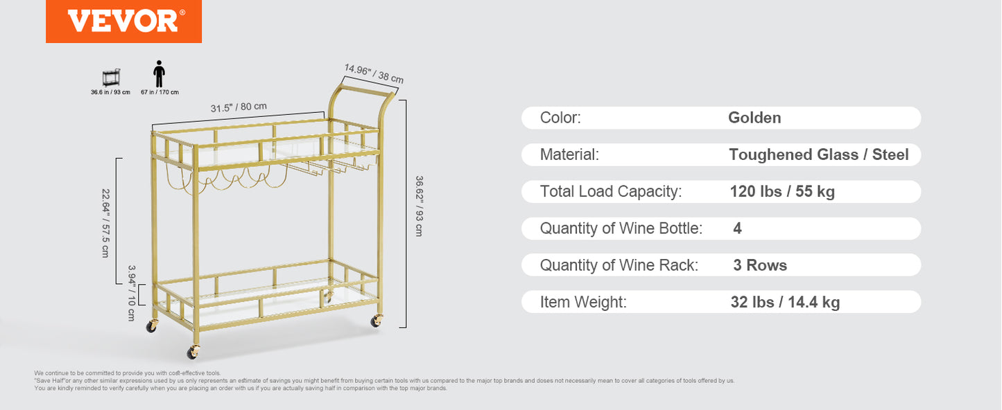2 Tiers Gold Metal Bar Serving Cart with Wine Rack Glass Holder 120 LBS