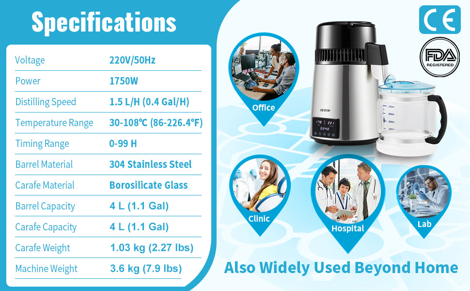4L Water Distiller 1.5L/H Distilled Water Filter Timing Dual-Temp Silver