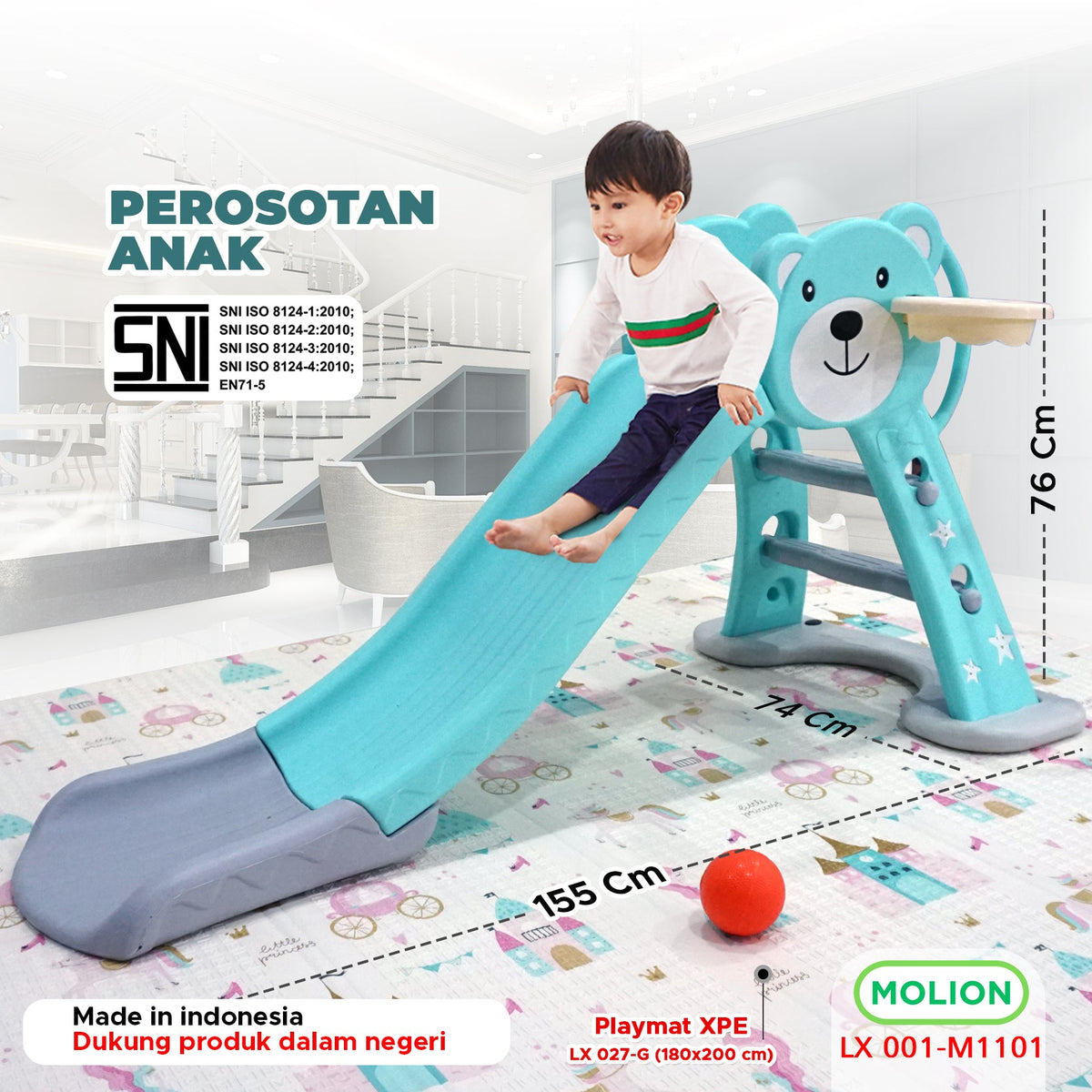 Kids Slide with Basketball Hoop Teal Bear - Brand New