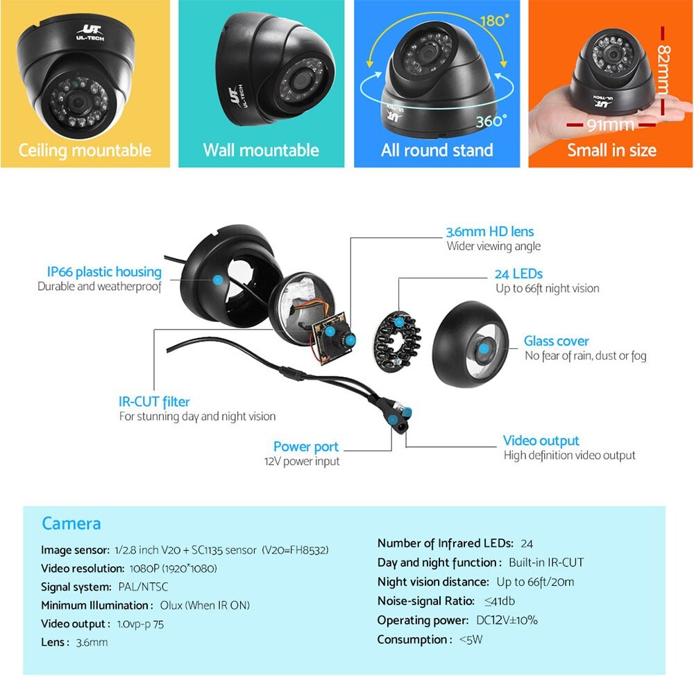 1080P Security Camera System 8CH DVR with 8 CCTV Dome Cameras