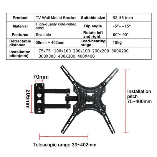 Full Motion TV Wall Mount Bracket Swivel Tilt 32 37 42 40 50 52 55 Inch LED LCD