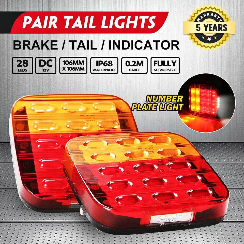 2x Square LED Trailer Tail Lights Stop Indicator Lamp Number Plate Light