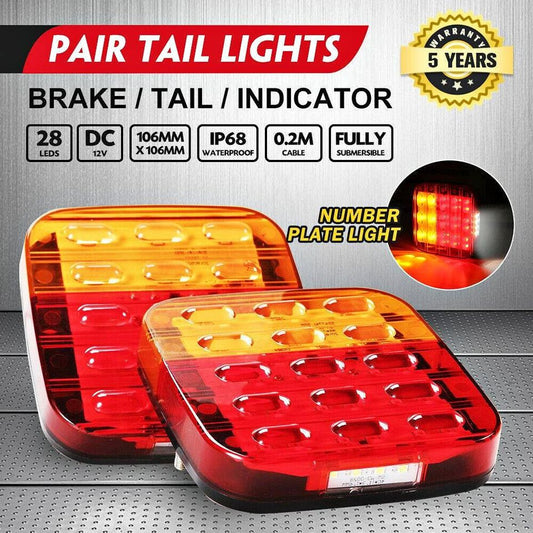 2x Square LED Trailer Tail Lights Stop Indicator Lamp Number Plate Light