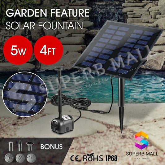 5W Solar Powered Fountain Outdoor Garden Water Pump Pond Pool Submersible Kit