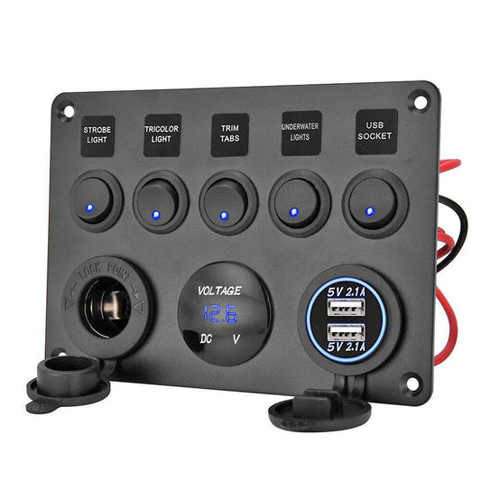 5 Gang 12V Switch Panel ON-OFF Toggle 2 USB for Car Boat Marine RV Truck Camper