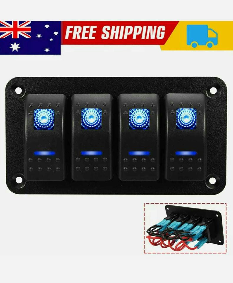 4 Gang Rock Switch Panel Toggle Circuit Breaker LED Waterproof Boat Caravan RV