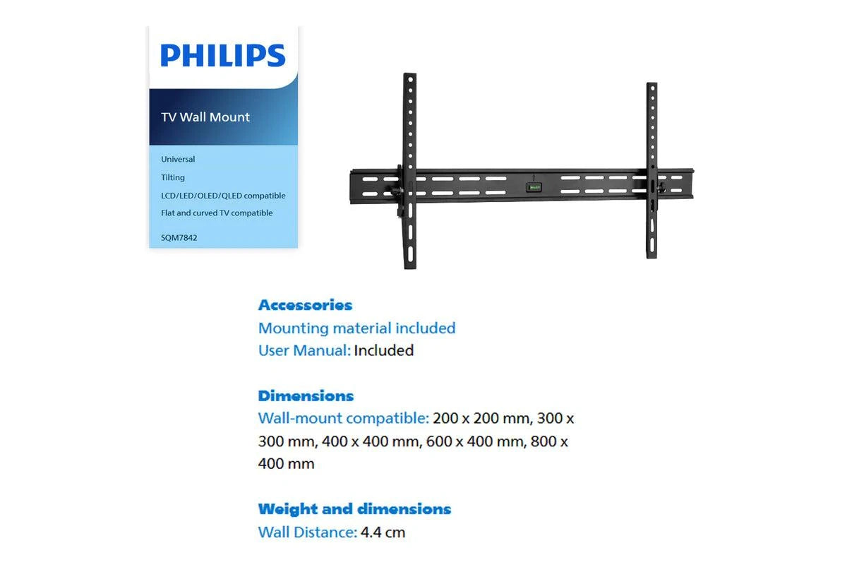 Philips 40"-100" Universal Tilt TV Wall Mount - VESA Compatible (Flat & Curved Screens)