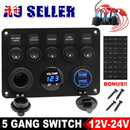 5 Gang 12V Switch Panel ON-OFF Toggle 2 USB for Car Boat Marine RV Truck Camper