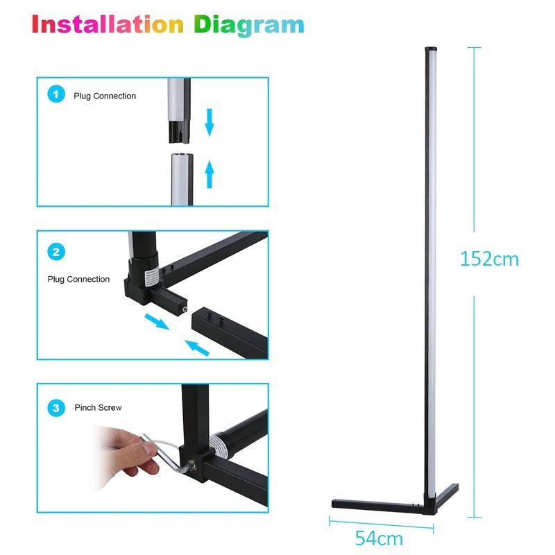 RGB LED Floor Corner Lamp Light Stand Bluetooth Remote Streaming Gaming Decor
