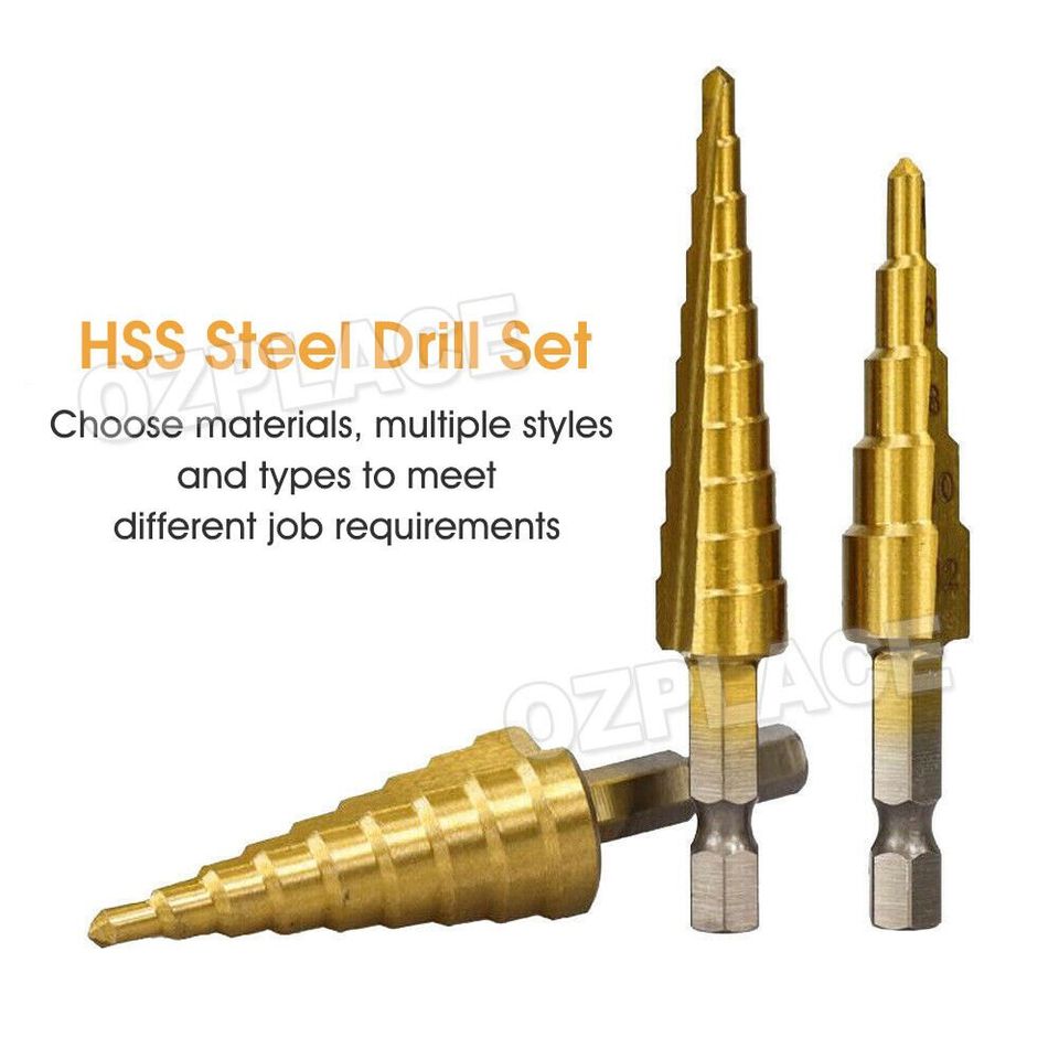 3Pcs NEW HSS Steel Step Cone Drill Titanium Bit Set Hole Cutter 3/12Mm 4-12/20Mm