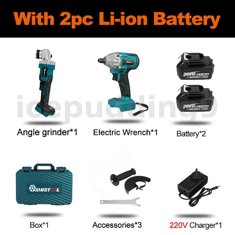 Cordless Impact Driver Wrench Angle Grinder Combo with 2x Battery