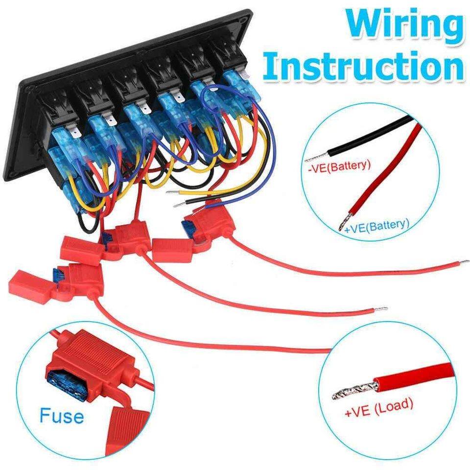 6 Gang 12V Switch Panel LED Light USB Rocker Circuit Breaker Car RV Boat Marine