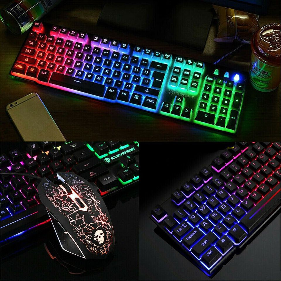 T6 Gaming Keyboard and Mouse Set for PC Laptop Rainbow Backlight USB Ergonomic