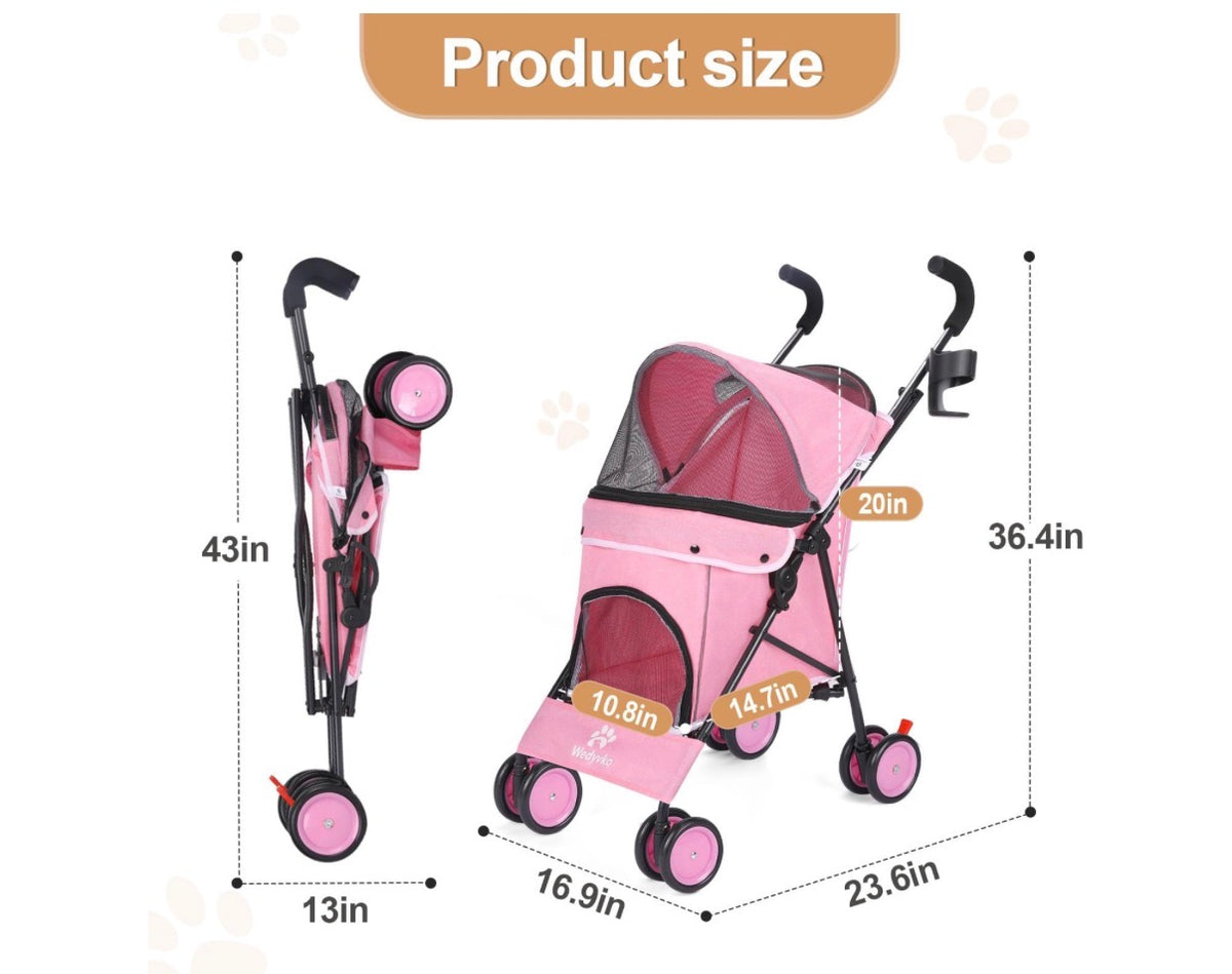 Pet Stroller / Pram for Dogs & Cats – Black, Pink or Blue