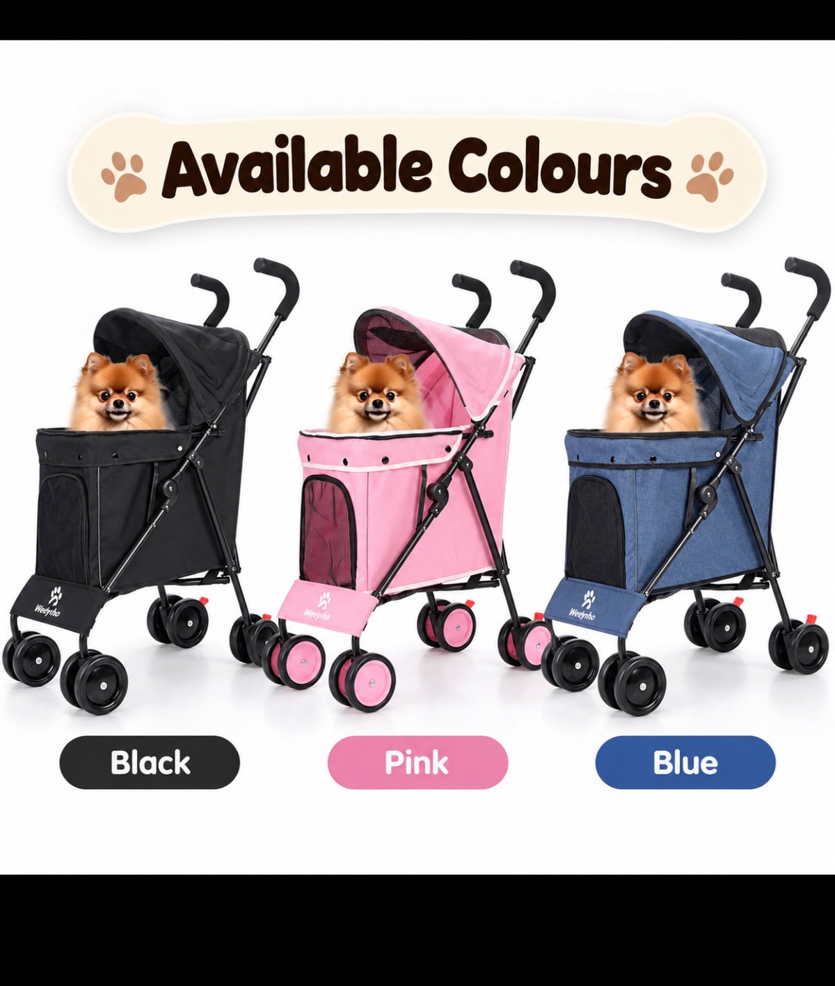 Pet Stroller / Pram for Dogs & Cats – Black, Pink or Blue