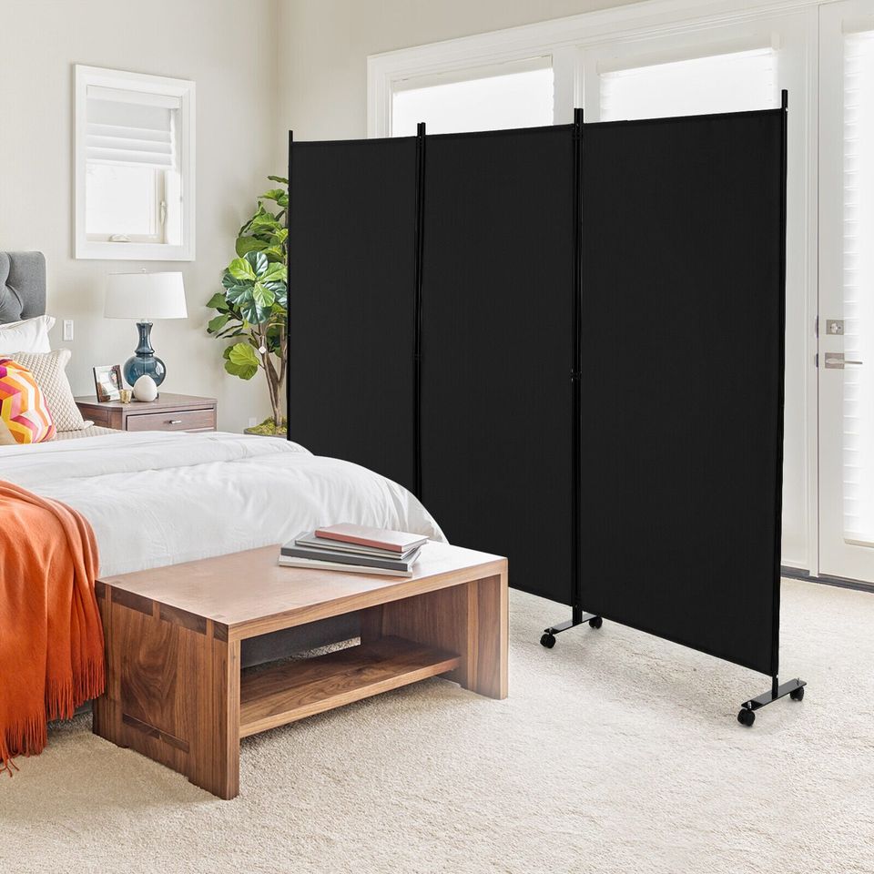 3-Panel Folding Room Divider Rolling Privacy Screen w/Lockable Wheels 180 cm