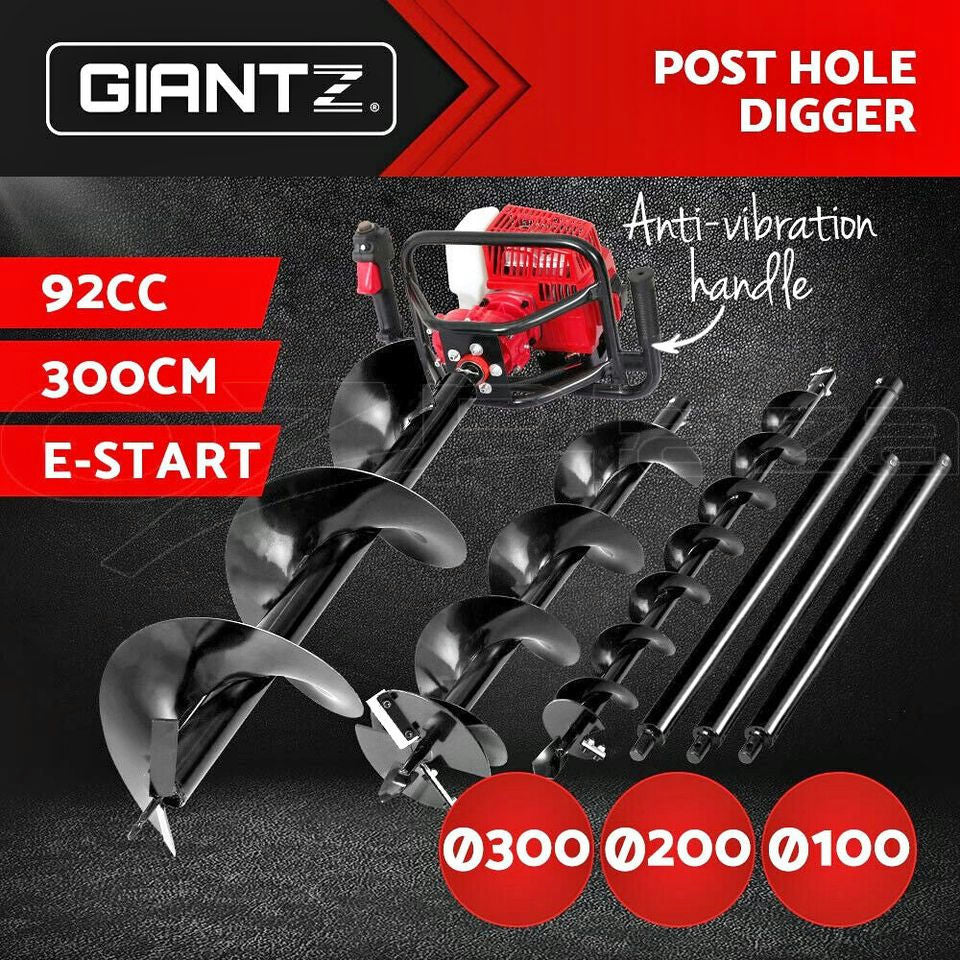 Giantz Post Hole Digger 92CC Petrol Motor Drill Borer Fence Extension Auger Bits