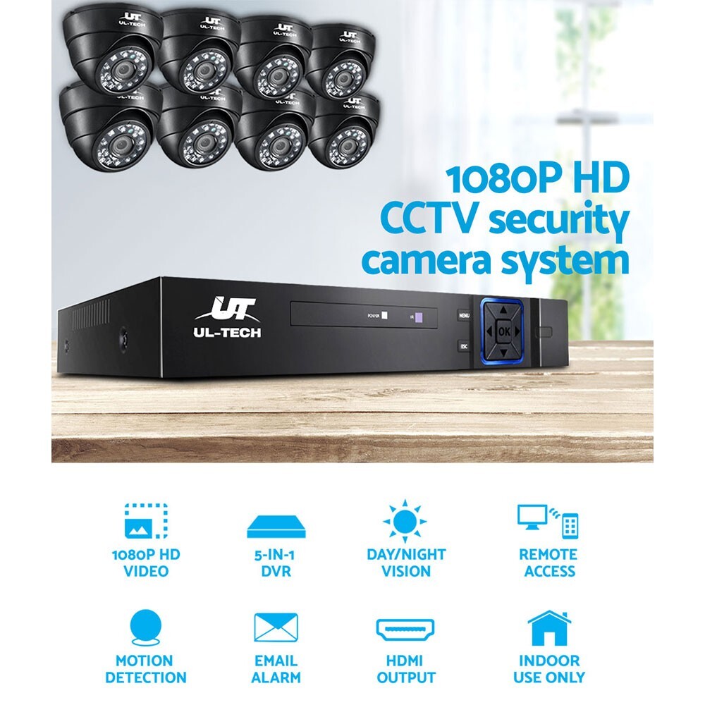 1080P Security Camera System 8CH DVR with 8 CCTV Dome Cameras