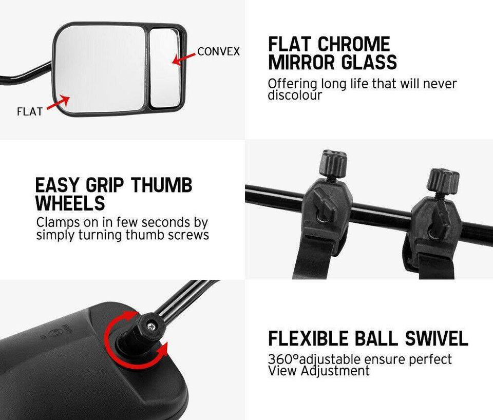 2x Towing Mirrors Pair Clip on Multi Fit Clamp On Towing Caravan 4X4 Trailer