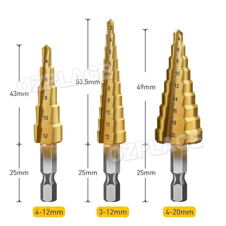 3Pcs NEW HSS Steel Step Cone Drill Titanium Bit Set Hole Cutter 3/12Mm 4-12/20Mm