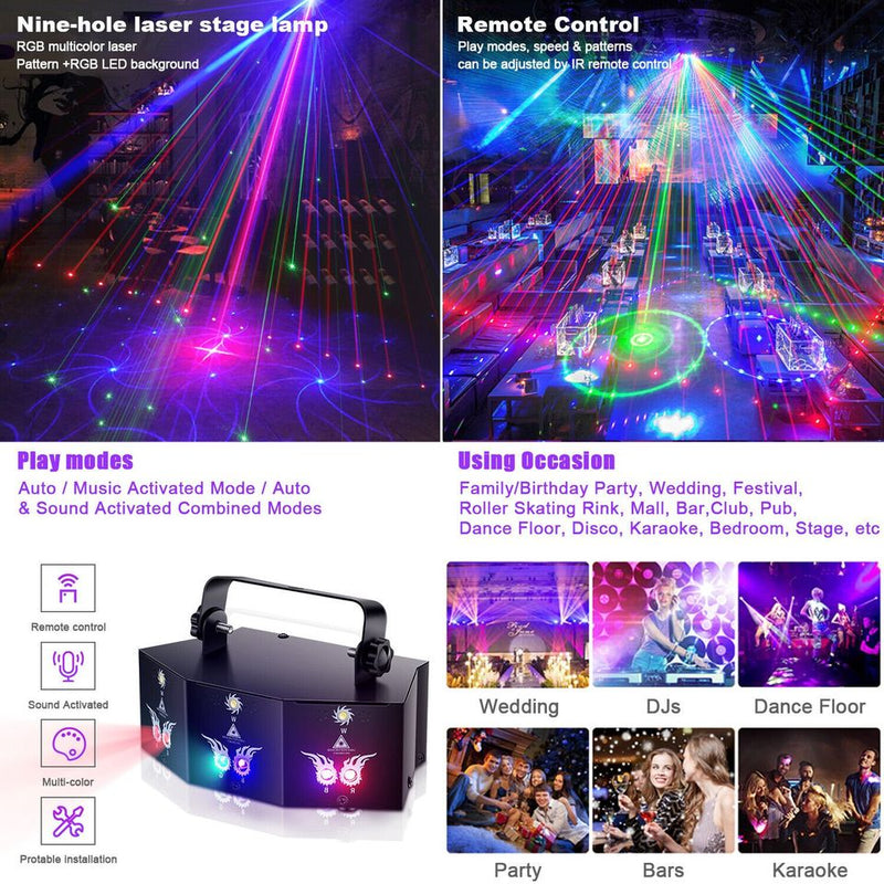 Stage Laser Light 9-EYE LED DMX RGB Strobe Scan Projector DJ Disco Par
