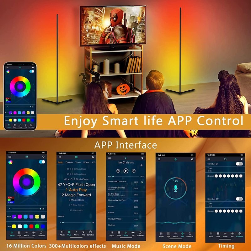 RGB LED Floor Corner Lamp Light Stand Bluetooth Remote Streaming Gaming Decor