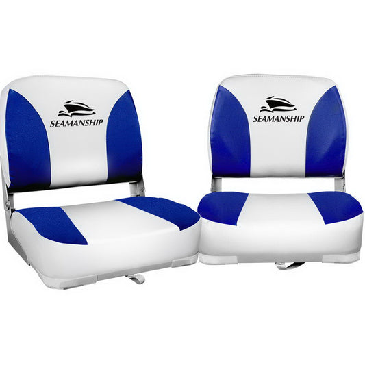 Folding Swivel Boat Seats, Low Back 13cm Padding (White/Blue, Pair)