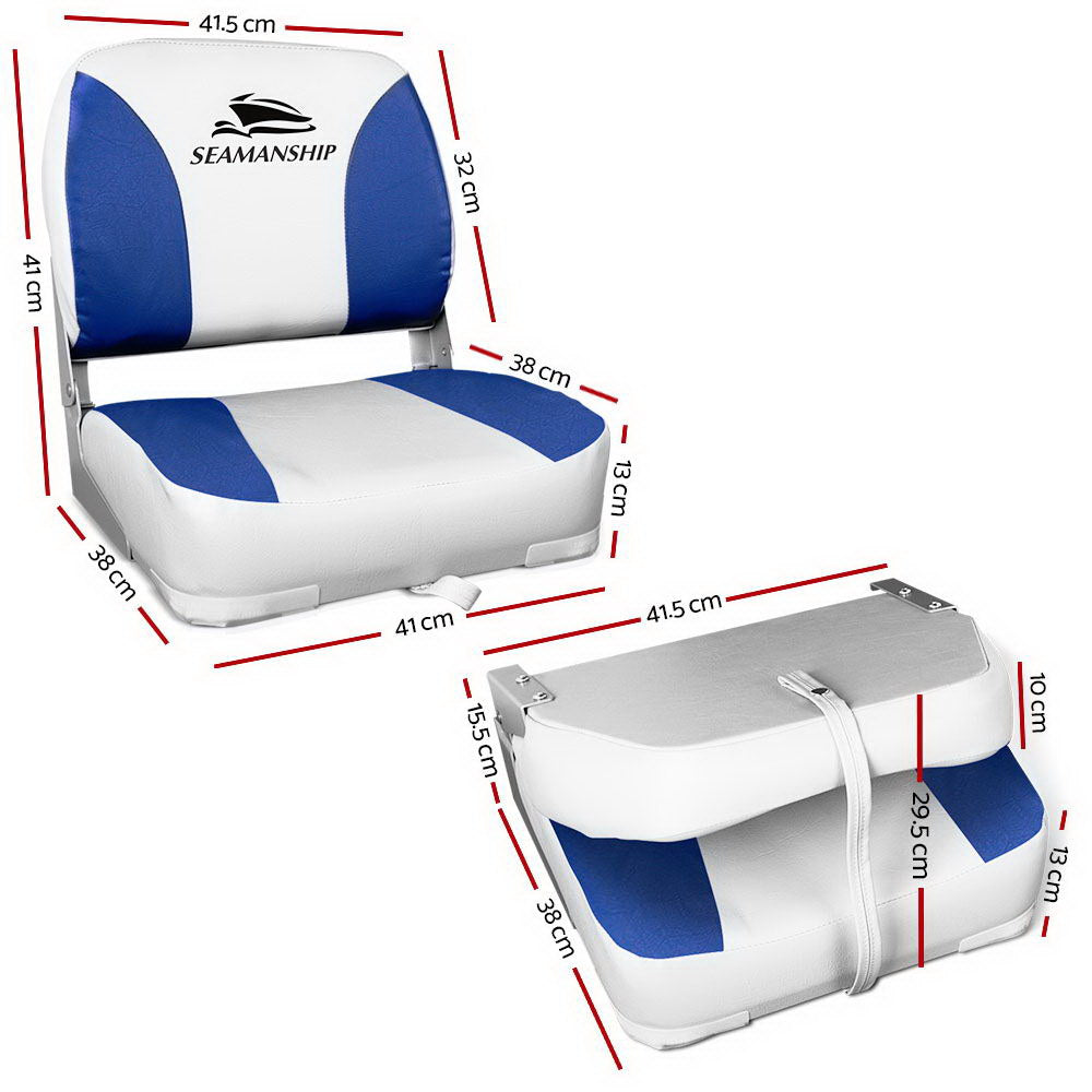 Folding Swivel Boat Seats, Low Back 13cm Padding (White/Blue, Pair)