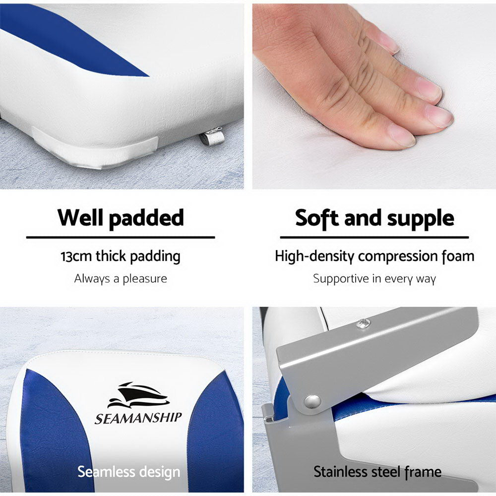 Folding Swivel Boat Seats, Low Back 13cm Padding (White/Blue, Pair)