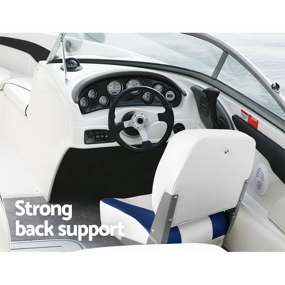 Folding Swivel Boat Seats, Low Back 13cm Padding (White/Blue, Pair)
