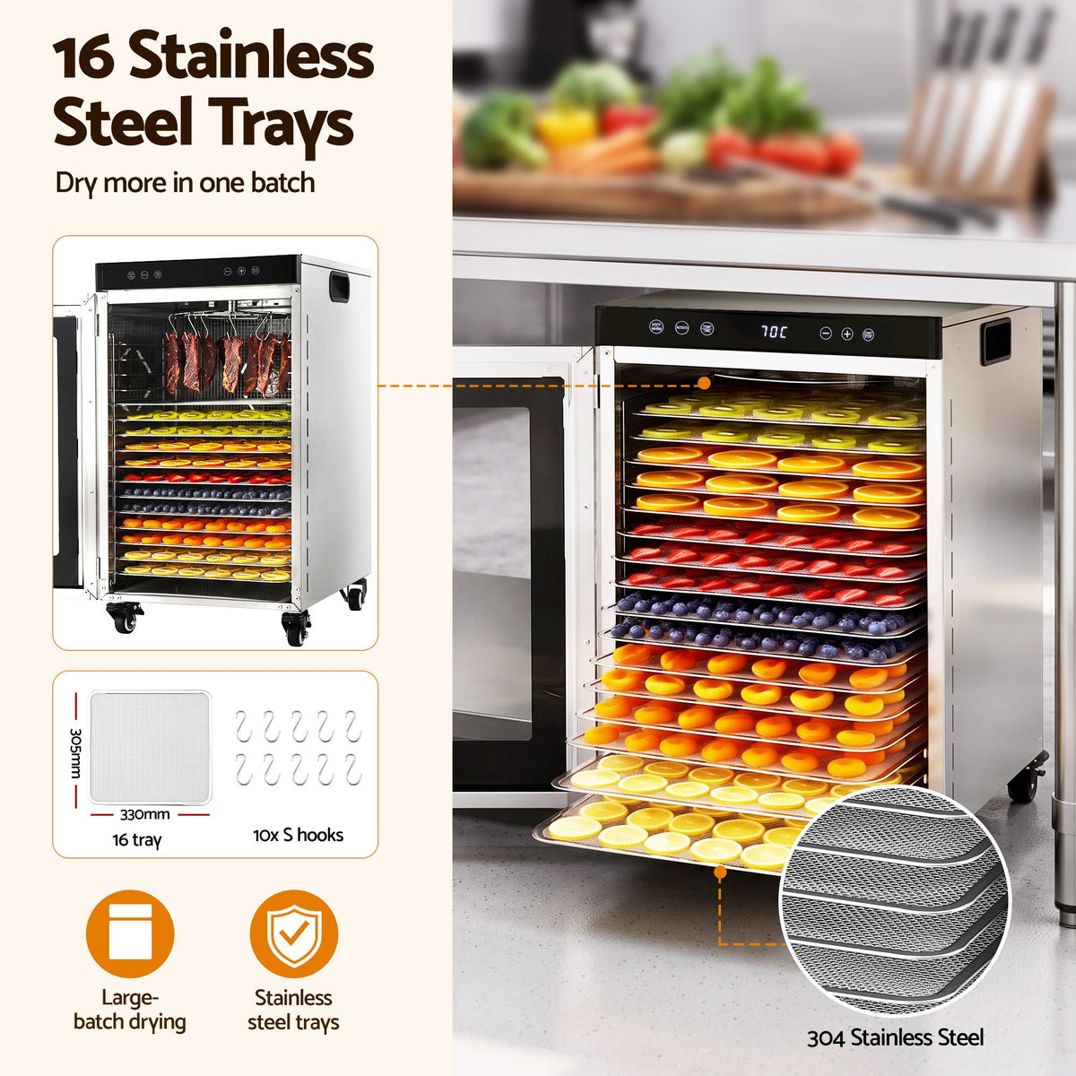 16 Tray Stainless Steel Food Dehydrator (Silver)