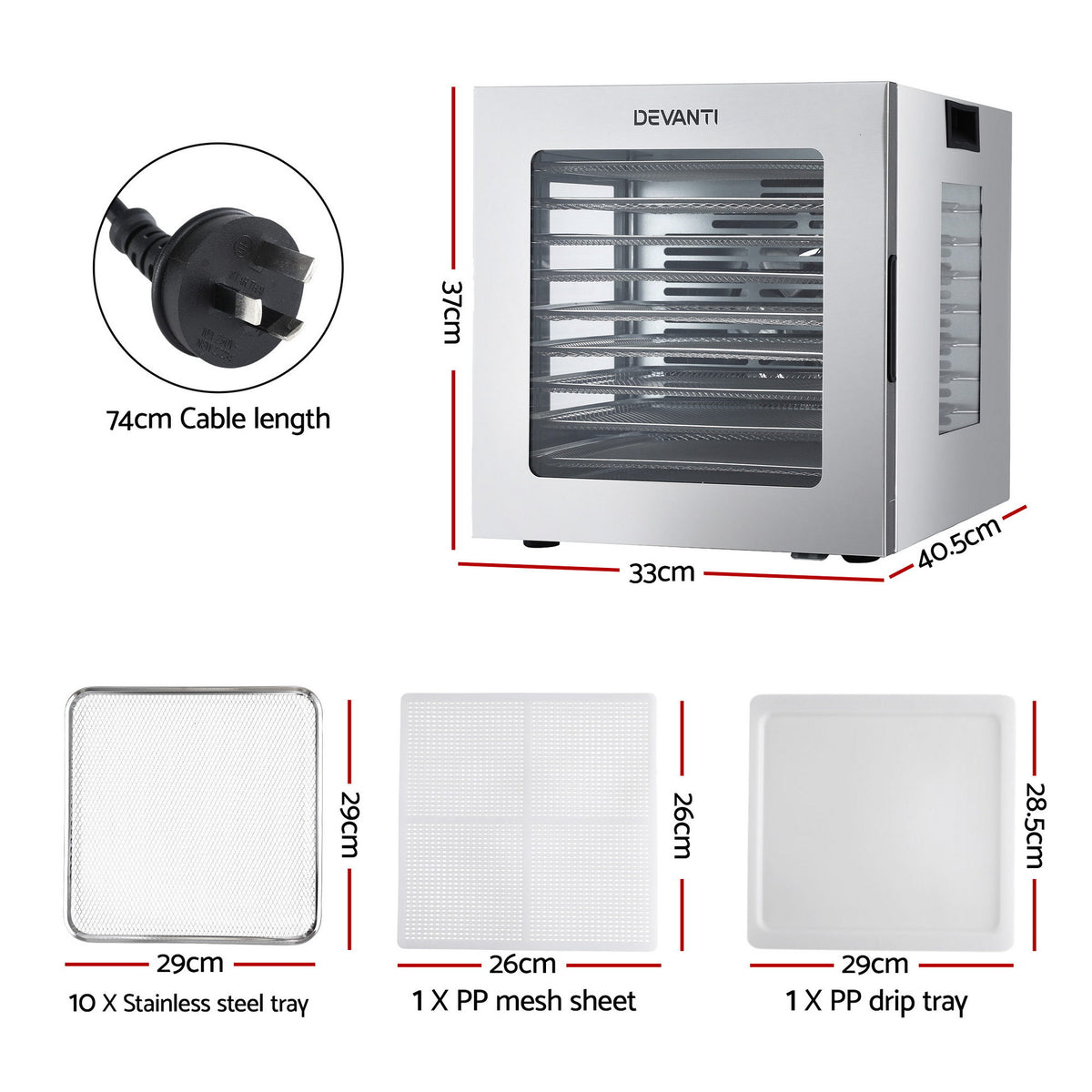 10 Tray Food Dehydrator with Glass Door, 850W
