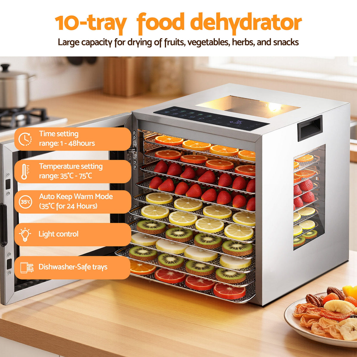 10 Tray Food Dehydrator with Glass Door, 850W