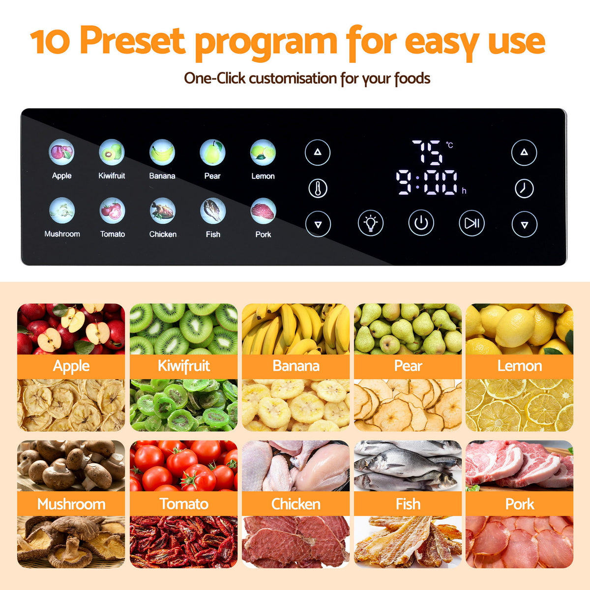 10 Tray Food Dehydrator with Glass Door, 850W