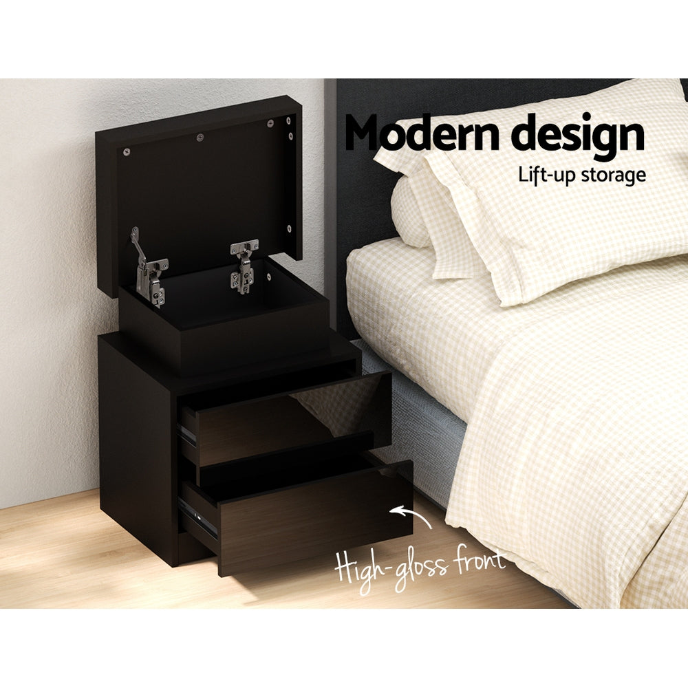 LED Bedside Table with 2 Lift-Up Drawers (Black)