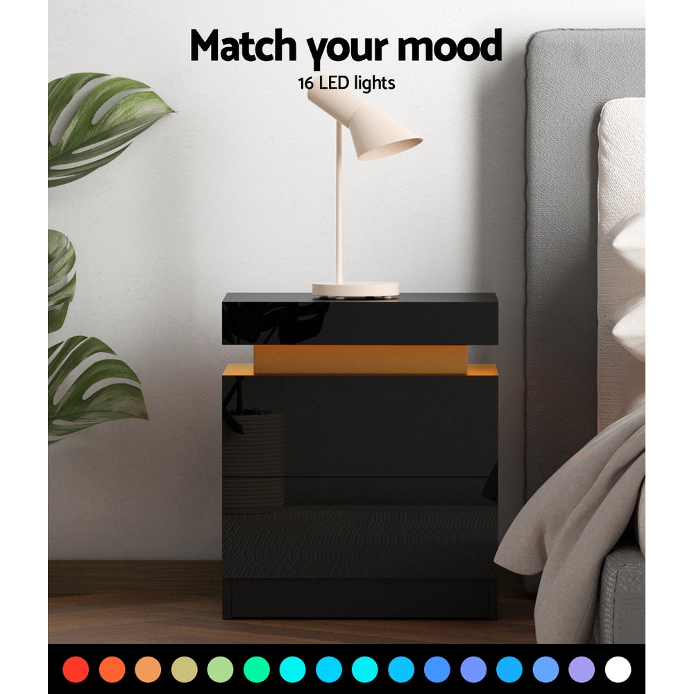 LED Bedside Table with 2 Lift-Up Drawers (Black)