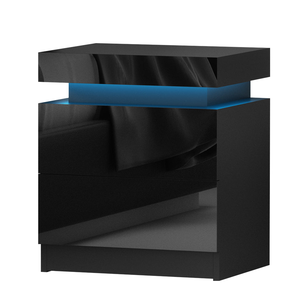LED Bedside Table with 2 Lift-Up Drawers (Black)