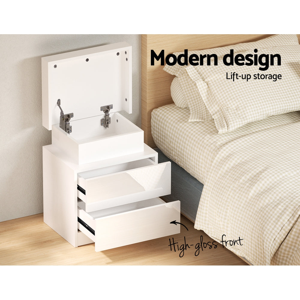 LED Bedside Table with 2 Lift-Up Drawers (White)